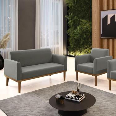 Imagem de Conjunto Poltrona E Namoradeira Decorativa Pés Fixo Em Madeira Castanho Suede Grafite