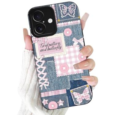 Imagem de FBHGLOA Capa de telefone para iPhone 17 de 6,3 polegadas, retrô, com botões de tecido rosa, estampa de retalhos, xadrez, retalhos, design slim fit, capa protetora de borracha de gel macio para homens