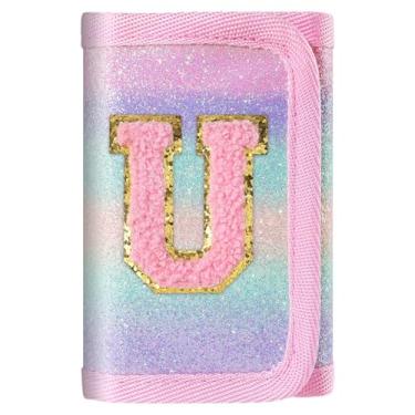 Imagem de Carteira rosa com inicial brilhante para meninas/mulheres - linda bolsa infantil, presentes de aniversário para adolescentes de 6 a 12 anos, Letra U