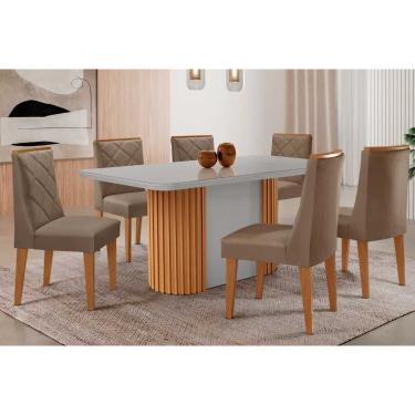 Imagem de Conjunto: Mesa Sala Jantar Pilar Curvo 180cm + 6 Cadeiras Pietá Madeira Naturale/Off White - Capuccino/Suede Capuccino - Rufato