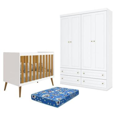 Imagem de Berço Americano Isis Branco Acetinado Savana - Reller e Guarda Roupa Infantil Americano 4 Portas Branco HP e Colchão Ortobom - Henn