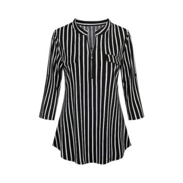 Imagem de Blusa Feminina plus Size 1XL-5XL Com Listras, Manga 3/4, Decote Em V, 