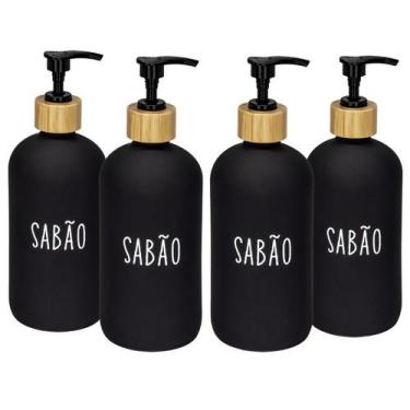 Imagem de Kit 4 Dispenser Porta Sabonete Liquido De Vidro Bambu 500ml - Haüskraf
