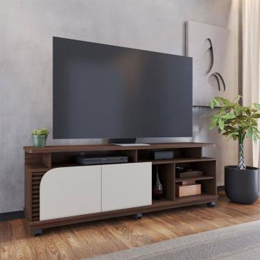 Imagem de Rack para TV Até 75 Polegadas Jurerê 2 Portas Ripado Nogueira Real/Off White Matte - Colibri