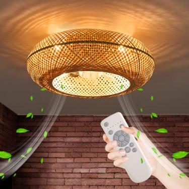 Imagem de PinRight Ventilador de teto de gaiola Boho de 50 cm com luz e controle remoto, ventilador de teto de bambu de baixo perfil, temporização fechada reversível de 6 velocidades, para quartos, salas de