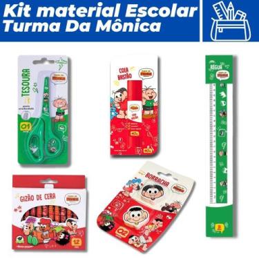 Imagem de Kit Escolar Régua Cola Giz De Cera Tesoura Borracha Turma da Mônica Ce