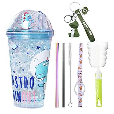 Imagem de seelucky Caneca de viagem de dinossauro com canudo azul copo de bebida com alça copo de festa rosa copo de gelo para piquenique festa aniversário (gel azul dinossauro espaço, 430 ml)