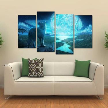 Imagem de Quadro Decorativo Lobo Artístico Sala Em Tecido 4 Peçases