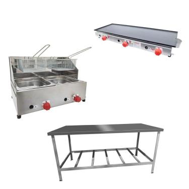 Imagem de Kit Lanchonete Mesa de Manipulação 190x70cm + Fritadeira a Gás 2 Cuba + Chapa a Gás 90cm Alcamar