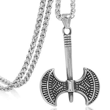 Imagem de Colar com pingente de machado de batalha de borda dupla nórdica de aço inoxidável FIZIZDH com corrente talismã de 61 cm
