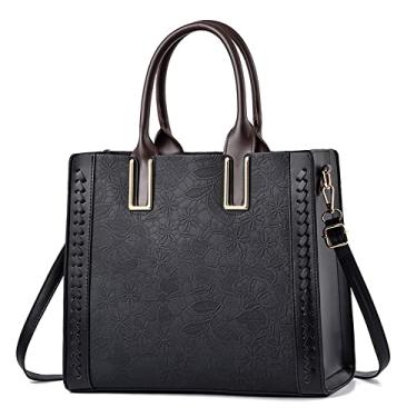 Imagem de Bolsa feminina retrô grande de couro bolsa feminina alça superior bolsa transversal moda com zíper, Preto