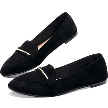 Imagem de Obtaom Mocassim feminino de bico fino, confortável, de camurça sintética, sapatilha de balé, sem cadarço, Preto, 37