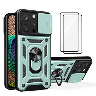 Imagem de Capa iPhone 14 Pro Case (2 pedaços de filme temperado Protetora) de Câmera Proteção de Tela Metal KickStand (Verde)