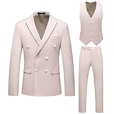 Imagem de Conjuntos de Terno Masculino 3 Peças Blazer Calças Colete Plus Size Trespassado Casual Slim Fit Blazer Jaquetas para Festa Jantar Baile, Damasco, M