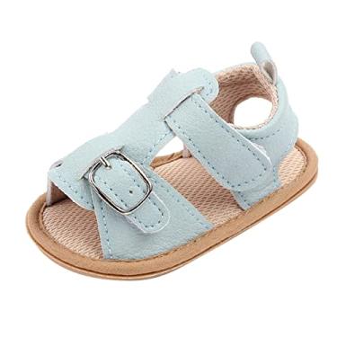 Imagem de Qwent Sandália infantil de verão para bebês meninos e meninas com bico aberto, lisa, sapatos para primeiros passos, sandálias planas para o verão (azul, 0 meses)