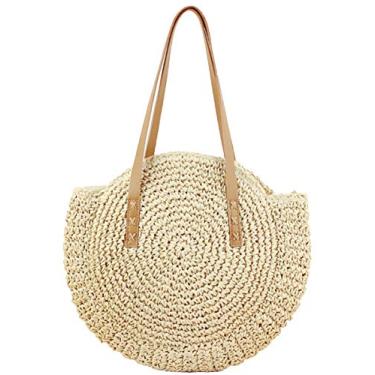 Imagem de Bolsas de palha femininas feitas à mão redondas de palha de milho natural chique mão grande bolsa de praia de verão bolsa de ombro com alça de tecido, Bege, X-Large