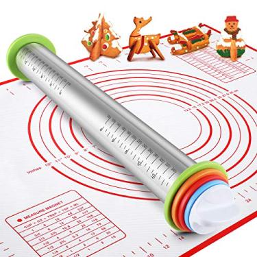 Imagem de Conjunto de rolo de massa de aço inoxidável e tapete de silicone, anéis de espessura ajustável – para assar massa, pizza, tortas, pastelaria, macarrão, biscoitos
