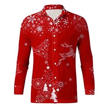 Imagem de Camisa de manga comprida masculina casual manga longa outono inverno Natal camisas impressas em 3D moda top masculino camisetas lisas, Vermelho, XXG