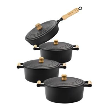 Imagem de Jogo de Panela Caçarolas 16, 18, 22 tampa de ferro alça de madeira e frigideira 22 Com tampa