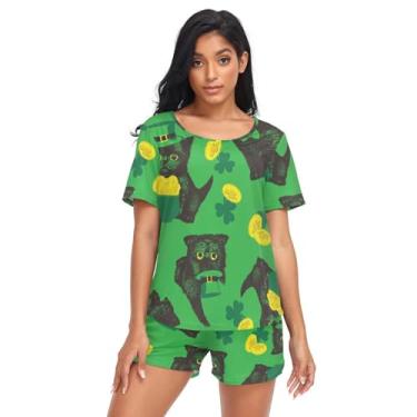 Imagem de Pijama verde chapéu de gatinho preto para mulheres, pijama de 2 peças de pijama de manga curta com bolsos decote em O pijama pequeno, Chapéu de gatinho preto verde, G