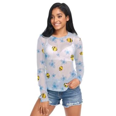 Imagem de KLL Flowers and Bees Blue Good Luck Camisas femininas transparentes blusa transparente manga longa malha camisas clubwear, Flores e abelhas azul Good Luck, GG