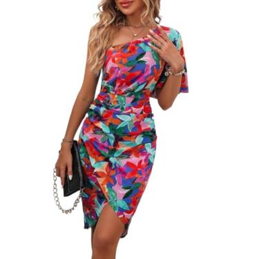 Imagem de Camisa Feminina Allover Print One Shoulder Ruched Wrap Hem Dress (Color : Multicolor, Size : CH)