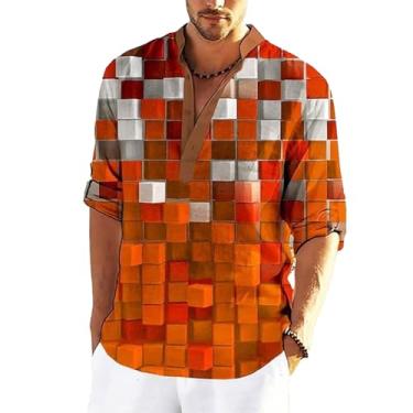 Imagem de Camisa masculina vintage patchwork estampa colorida bloco manga comprida camisa casual hippie esportes praia tops blusa (Color : Orange, Size : S)