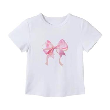 Imagem de Giltpeak Camiseta feminina com estampa de laço Y2K gola redonda linda estampa de bebê camisetas curtas manga curta roupas estéticas, Modelo padrão - branco - rosa floral, One Size Short