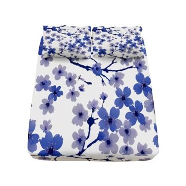 Imagem de Jogo de lençol macio com elástico, pintura a tinta, flor de ameixa, bolso elástico (40,6 cm), 4 peças, lençol de cima, branco e azul, resistente a vincos
