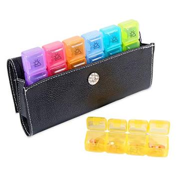 Imagem de Caixa organizadora semanal de pílulas, lembretes de medicamentos para viagem, dia à noite, 7 compartimentos com tampa aberta em estojo de transporte de couro