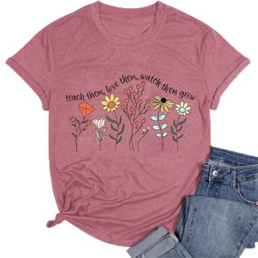 Imagem de Camiseta feminina com estampa de flores silvestres Teacher Appreciation Teach Them Love Them Watch Them Grow Letter Tops, rosa, P