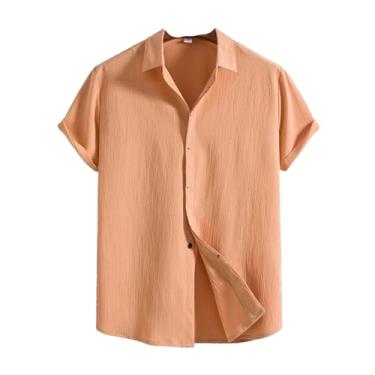 Imagem de Camisetas masculinas de linho de algodão de verão sólida casual lapela manga curta camisetas masculinas casuais, Laranja, M