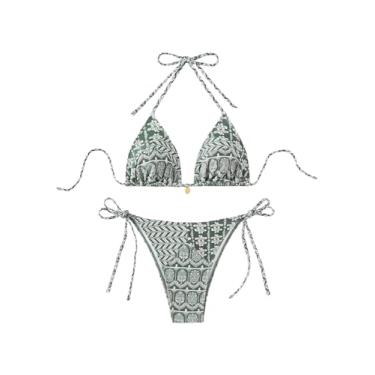 Imagem de WDIRARA Biquíni feminino com estampa floral, 2 peças, geométrico, frente única, triângulo, conjunto de biquíni de praia, Verde militar, PP