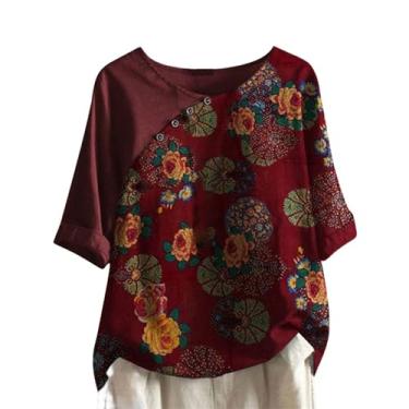 Imagem de Blusa feminina de linho com botões, manga curta, de algodão, gola V, gola V, casual, com bolsos, Vinho, 4XG