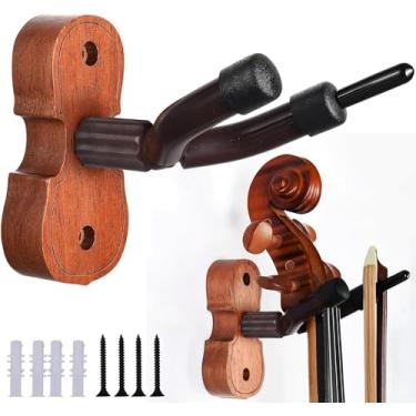 Imagem de Suporte de parede para violino para violino, suporte de viola de mogno com gancho de arco (pacote com 2)