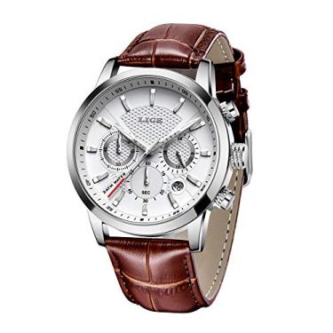 Imagem de Relógio masculino de luxo LIGE, moderno, estilo militar, esportivo, analógico, de quartzo, com cronógrafo, clássico, casual, à prova d'água, marrom, branco, de couro, Marrom, branco, 8.07