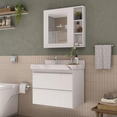 Imagem de Conjunto Para Banheiro Lavatório Em Porcelanato Com Cuba Esculpida, Gabinete e Espelheira Lisa 80cm Branco