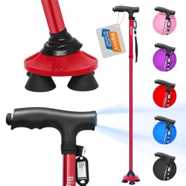 Imagem de BigAlex Bengala de caminhada dobrável com luz LED, base quádrupla giratória, bengala ajustável com bolsa de transporte para homem/mulher (14 a 16 cm, vermelho)