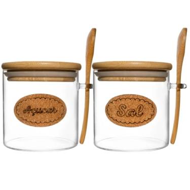 Imagem de Kit Saleiro e Açucareiro Pote Vidro Borossilicato Tampa Hermética Colher Bambu - 450ml (Ideal para Açúcar e Sal) - Genérico - Moderno e Natural - Conjunto de Potes - Ótimo