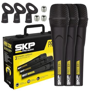 Imagem de SKP Pro Audio Microfone para canto, shows, estúdio e eventos – Kit profissional de 3 microfones cardioides dinâmicos PRO-33K – Conectividade XLR – Inclui suporte de microfone e acessórios