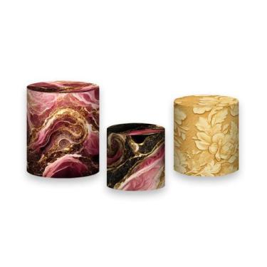 Imagem de Trio de Capas de Cilindro - Efeito Mármore Preto com Rosa e Dourado 08