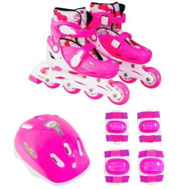 Imagem de Patins Infantil Roller In line 4 Rodas 31 Ao 34 Menino Menina Ajustável Abec-7 Com Kit De Proteção Freio Traseiro Bota Confortável Rosa