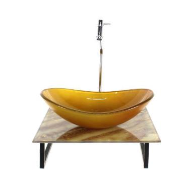 Imagem de Kit cuba de vidro oval 10mm com tampo de vidro 40cm x 40cm mármore mar