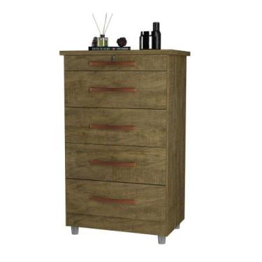 Imagem de Cômoda Quarto Gaveteiro Retrô Multiuso 5 Gavetas Emas Primus - Amêndoa