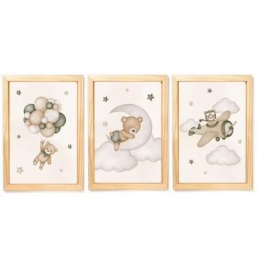 Imagem de Kit Quadro Quarto Infantil Bebê Urso Aviador Verde Bege - Creative Cat