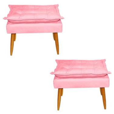 Imagem de Kit 02 Puffs Banqueta Retangular Opala Suede Rosa Pés Madeira Palito -