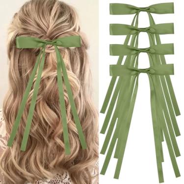 Imagem de Vodolo Laços de cabelo verde para mulheres, 4 peças grampos de cabelo de laço grande borla laço laço com cauda longa, laços de cabelo de fita presilhas para cabelo grosso e fino, acessórios de cabelo