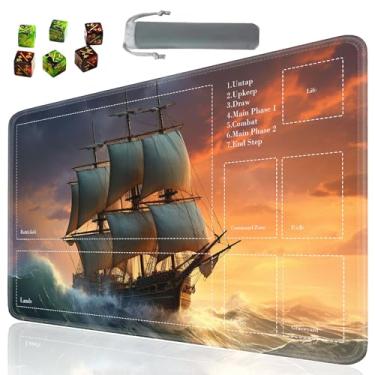 Imagem de SOTWONSO Tapete de mesa TCG para jogos de tabuleiro tamanho 60 x 35 cm mousepad compatível com MTG RPG CCG jogo de cartas colecionáveis tapetes com 6 dados (tapete com zona 65) navio pirata