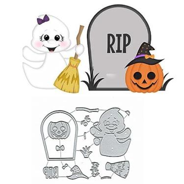 Imagem de Abóboras vassoura mágica chapéu fantasma cortes de metal, feliz dia das bruxas fantasma corte de abóbora estênceis para gravação faça você mesmo foto papel decorativo matrizes scrapbooking cartão