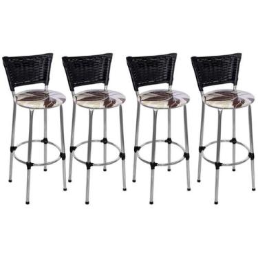 Imagem de Kit 4 Banquetas Altas Cromada com Encosto Junco Preto Assento Floral M